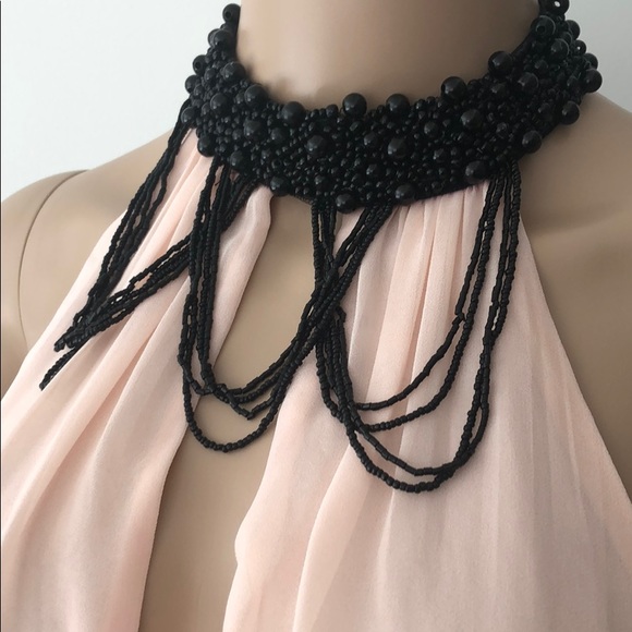 Bebe new halter top soft pink blush black peplum beads XS S - Picture 2 of 6